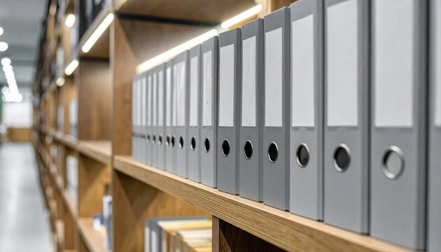 Row of document folders on shelves for business record keeping.