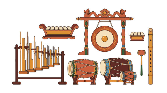Traditional Indonesian Gamelan Musical Instruments Collection Set. EPS Editable