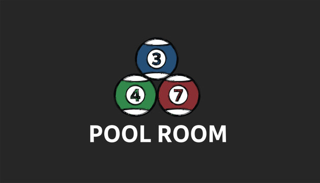 Retro style pool room logo design featuring three colorful billiard balls with numbers on a dark gray background.