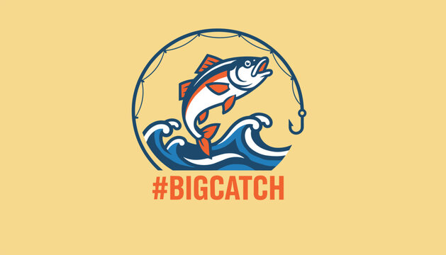 Retro style fishing tournament logo design featuring a fish jumping out of waves under a rod on a yellow background.