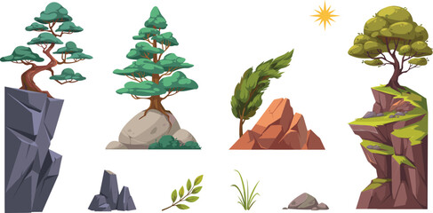 Nature and Landscape Asset Element Set with Diverse Trees, Rocky Cliffs, Boulders, Grass, and Foliage for Game Design and Vector Graphic Illustrations © MstRabeya