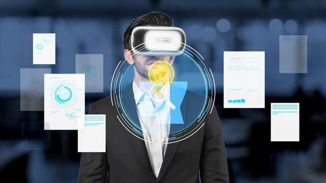 Businessman Using Virtual Reality Headset While Analyzing Digital Data and Visualizing Information in Modern Office Environment. Entropy.