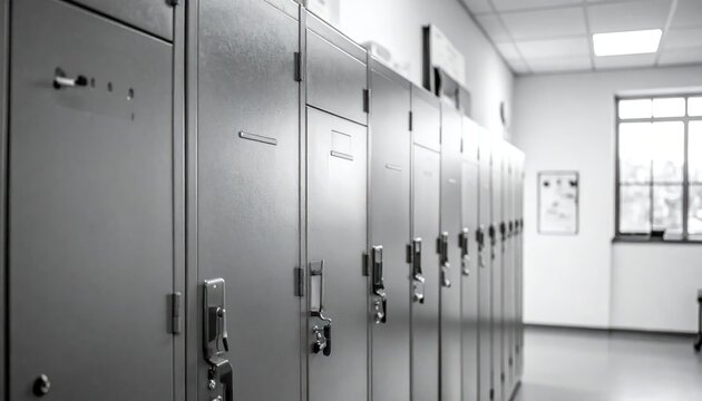 Row of gray metal lockers in locker room.