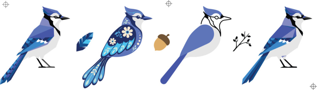 Blue Jay Bird Character Vector Set in Diverse Artistic Styles Including Low Poly, Floral Pattern, and Minimalist Designs with Acorn Element
