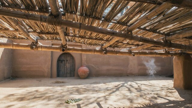 Thatch roof provides shade for a courtyard area featuring a large round clay vessel next to an arched doorway.