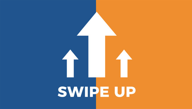 Swipe up screen button template with white arrows over a split blue and orange vertical color block background.