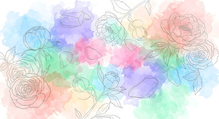Obraz premium Delicate floral sketch overlaid on a vibrant watercolor wash background, showcasing a blend of soft pastels and line art