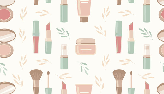 Beautiful seamless pattern of makeup cosmetics including lipstick, powder, and brushes with botanical leaves.