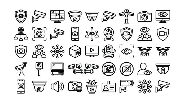 Collection of line icons for security surveillance and monitoring systems with various devices and symbols  isolated on transparent background