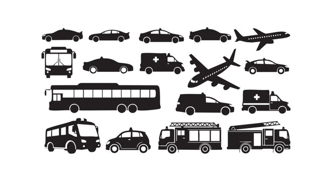 Emergency vehicle and aviation silhouettes collection featuring fire truck airplane bus and ambulance vector graphics.