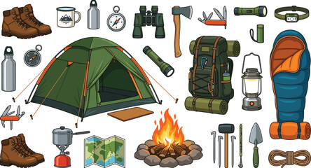 Camping and hiking equipment survival gear vector illustration bundle with tent campfire backpack and boots for outdoor tourism advertising design © AntarChandra