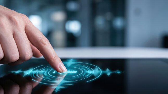 Voice recognition technology on tablet screen with finger activating AI assistant agent for smart interaction and control