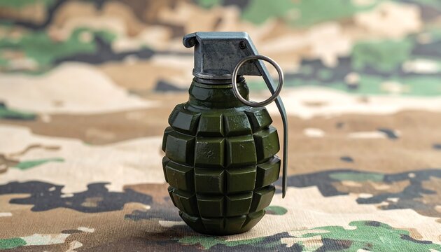 Military explosive device with safety pin on camouflage background