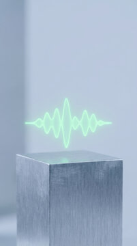 Voice sound wave glowing above metal cube representing ai technology and agent interaction in futuristic concept