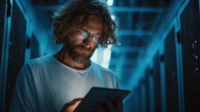 Professional data engineer managing cloud server infrastructure tablet high tech data center room glowing blue light racks cooling fans telecommunications network