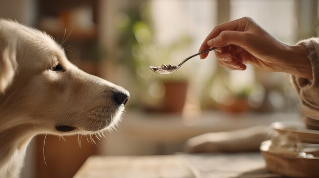Close-up of a loving owner feeding a dog a spoonful of vitamins at home