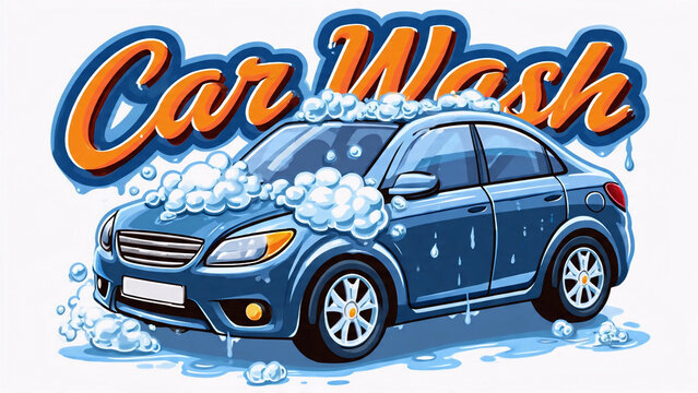 cartoon car covered in soap bubbles during a car wash, cheerful vehicle character isolated on a white background