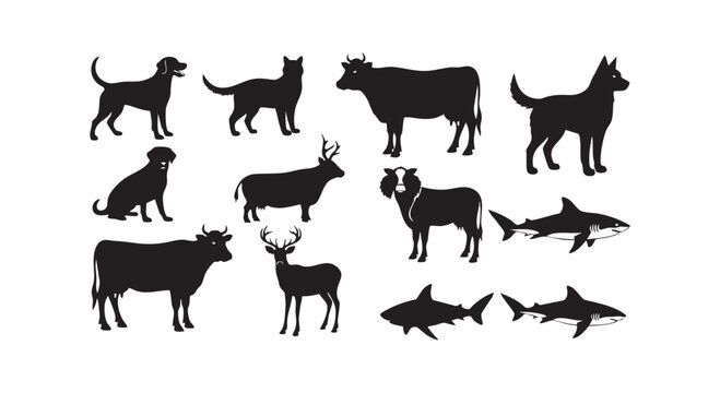 Farm and wild animal silhouettes featuring cattle dogs cats deer sharks and livestock animals for various design needs.
