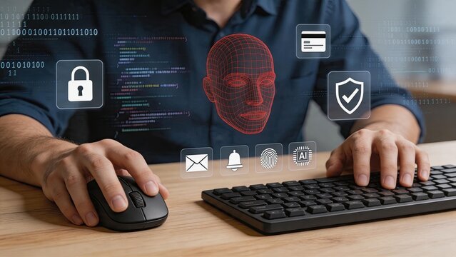 Cyber security concept with face recognition biometric authentication, person using computer keyboard and mouse