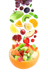 Vibrant assorted fruits and colorful berries dynamically falling to form a refreshing healthy salad served creatively in a citrus peel bowl on black background © Caitlyn Studio