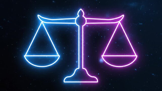 Glowing Neon Scales of Justice Symbol Against a Dark Cosmic Space Background with Vibrant Pink and Blue Lighting Effects