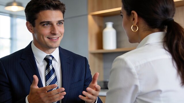Smiling businessman in suit gesturing while talking to female colleague in office, professional conversation, networking, collaboration, positive body language