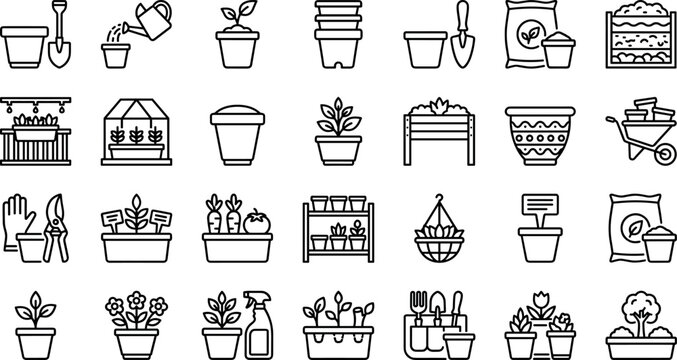 Gardening icon set line art vector icons for plant nursery backyard farming tool packaging website ui.