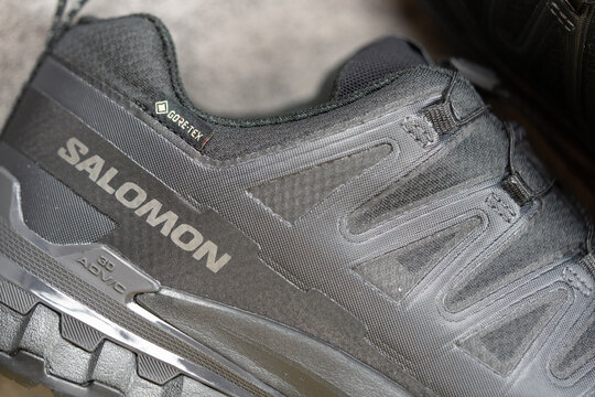 Bangkok, Thailand - June 25, 2026 : A logo in Salomon XA Pro 3D V9 Wide GTX in Black and  logo of 3D Advanced
