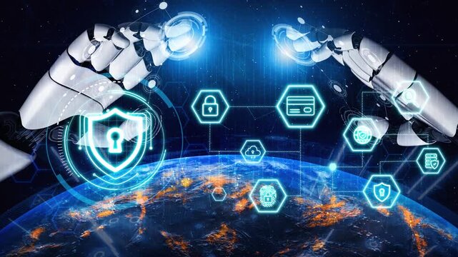 Futuristic robotic hands interacting with digital security icons and global network, showcasing cybersecurity, technology, and innovation in a virtual space environment. Entropy.