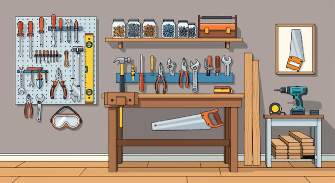 A well-organized workshop with various tools
