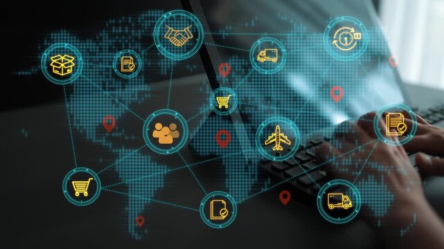 Digital Global Logistics Network with Icons Representing Shipping, E-commerce, and Technology on Laptop Keypad Overlaid on World Map. Entropy.