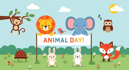 Colorful cartoon animals celebrate Animal Day outdoors © Franky