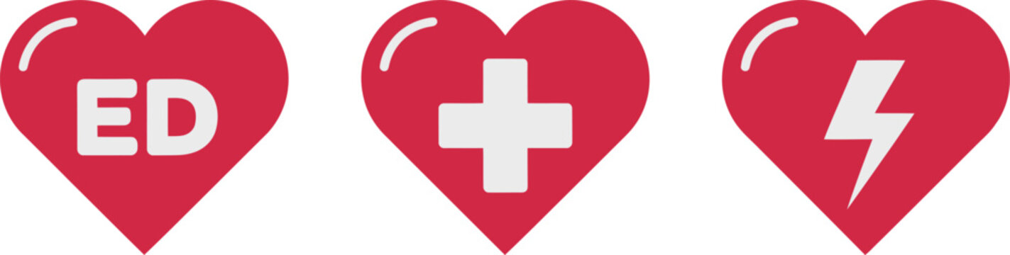 First aid symbols, AED, cross, and defibrillator icons for emergency response, healthcare services, and safety awareness.

