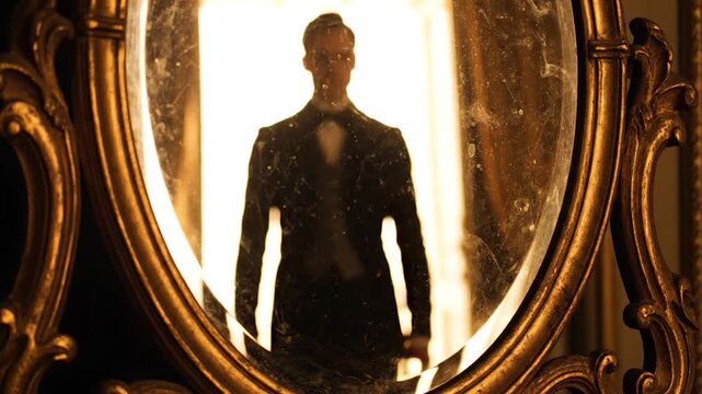 A dark silhouette reflects in a dusty vintage gold mirror