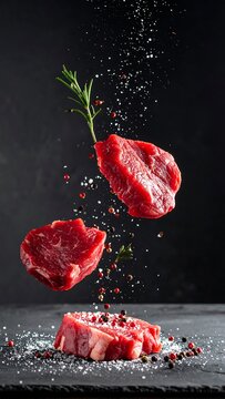 Raw meat cuts seasoning falling ingredients preparation
