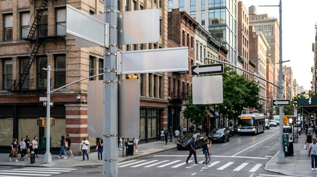 Blank street signs on a busy New York City intersection with pedestrians crossing the road.