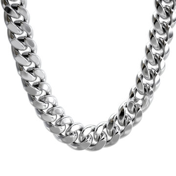 Closeup of a thick silver cuban link chain necklace isolated on transparent background