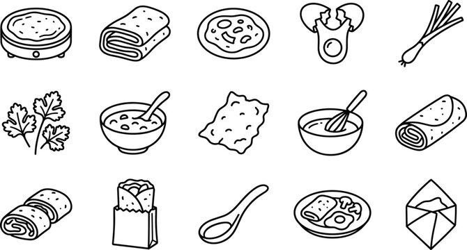 Indian egg roll cooking ingredients and street food line art vector icons for restaurant takeaway menu packaging ui.