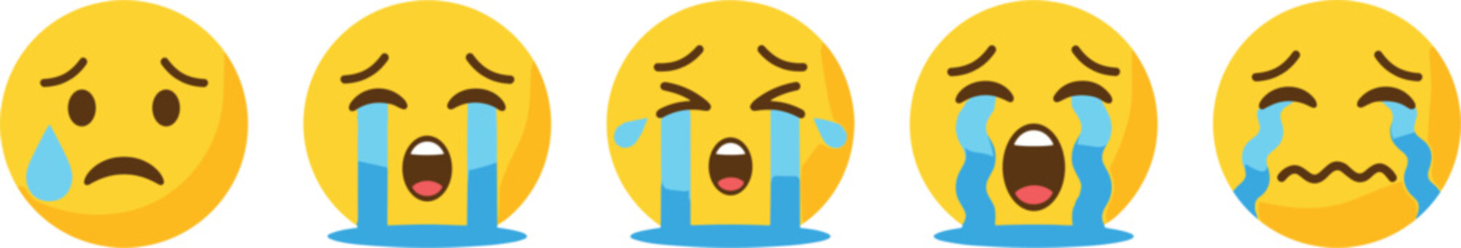 Crying emoji vector icon set showing sad weeping and upset yellow faces with tears for mental health and customer feedback concepts