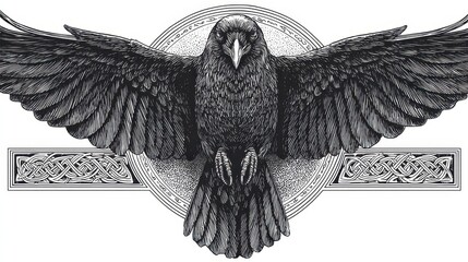Obraz premium Hand-drawn raven in Viking graphic style on a white background with bold ink lines