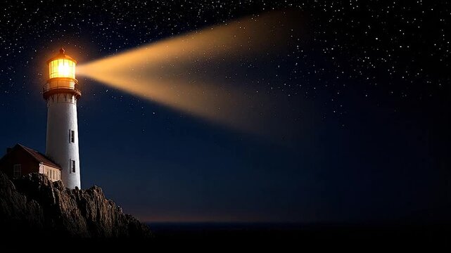 A tall white lighthouse stands on a y cliff, casting a bright beam of light