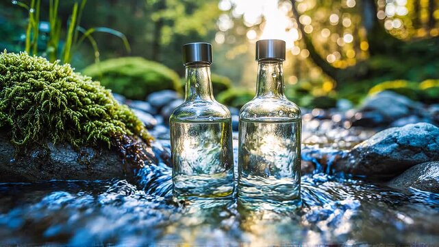 Two Transparent Glass Bottles Filled with Pure Natural Spring Water Resting on Mossy Stones in a Refreshing Forest River Stream