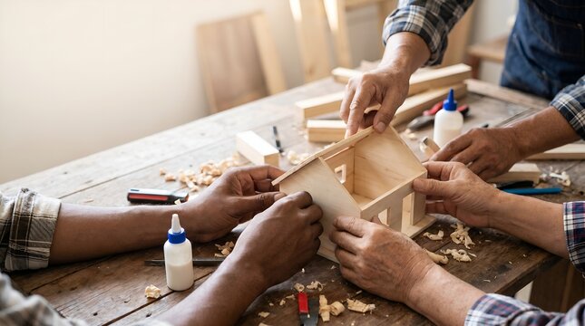 Diverse group of people collaborating on crafting a wooden miniature house model together