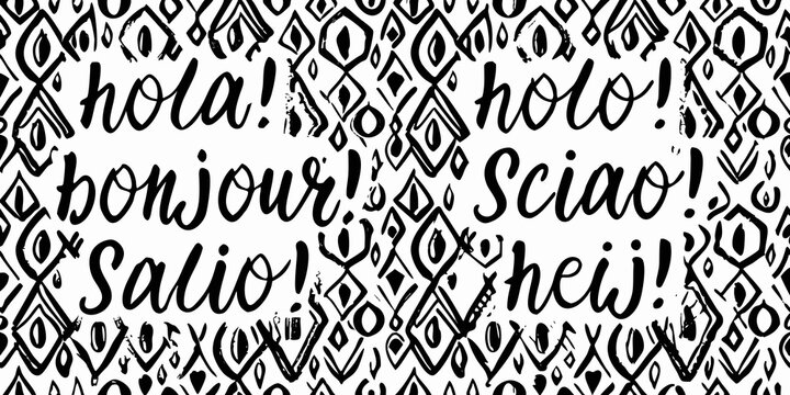 Greeting words and geometric ornament pattern on a white background