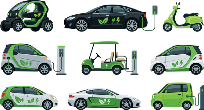 Electric Vehicle Vector Icon Set Featuring Eco Friendly Cars Scooters Golf Carts and EV Charging Stations for Renewable Energy Transportation Infographics