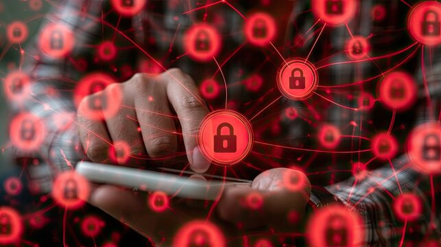 Person using phone surrounded by glowing red digital lock network