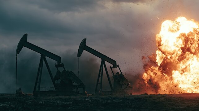 Oil pumps beside fiery explosion under dramatic, stormy skies