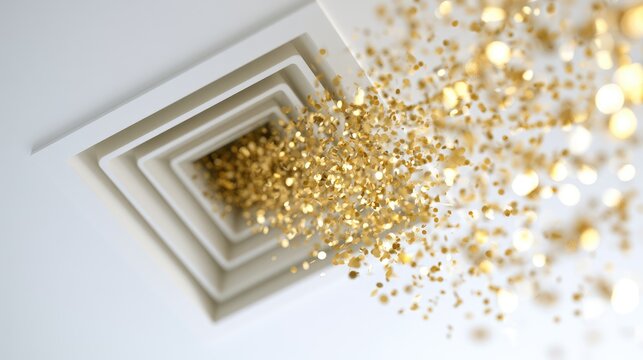 Concentric square opening expelling shimmering gold particles