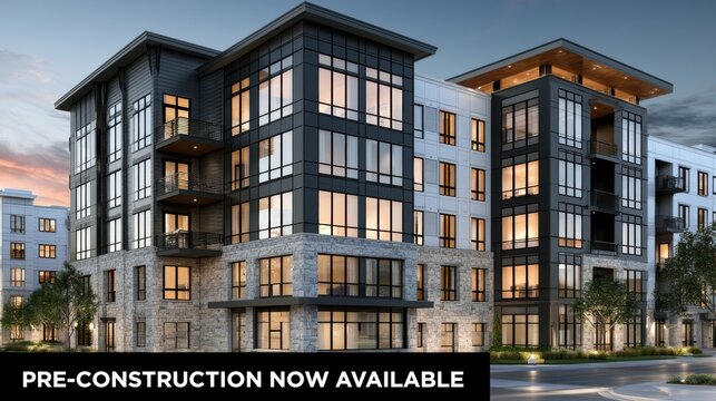 A professional real estate banner promoting a new development project featuring pre-construction marketing and modern architectural design concepts.