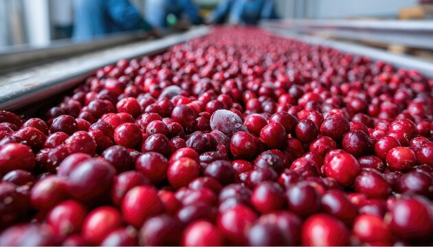 Fresh, red cranberries on a conveyor belt in a food processing facility
